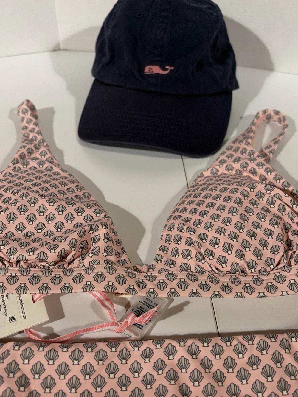 Vineyard Vines Pink Shell-Print Triangle Bikini Top and Bottoms w/ Navy Logo Cap